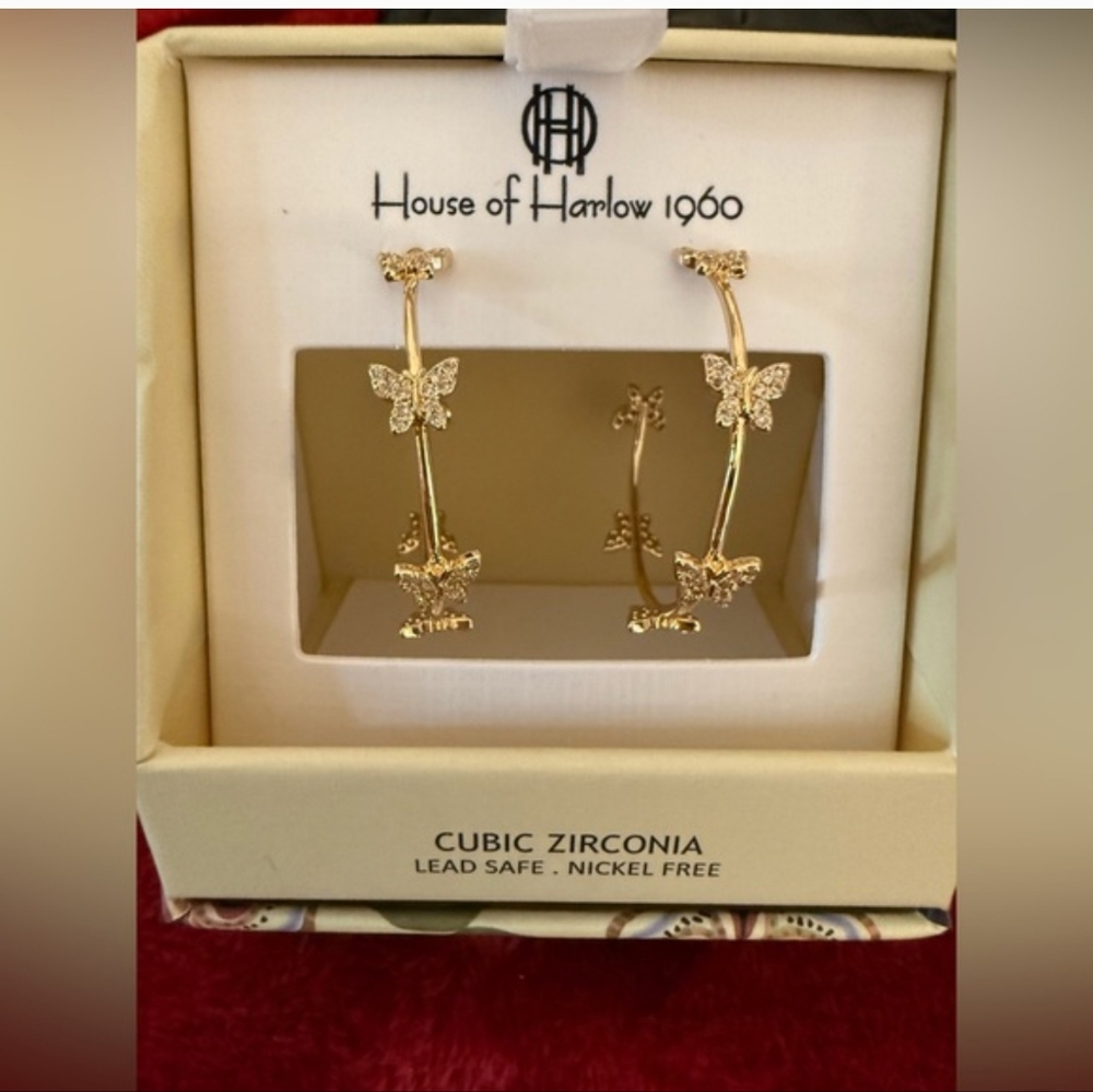 House of Harlow 1960 Gold Butterfly Hoop Earrings with Cubic Zirconia Accents